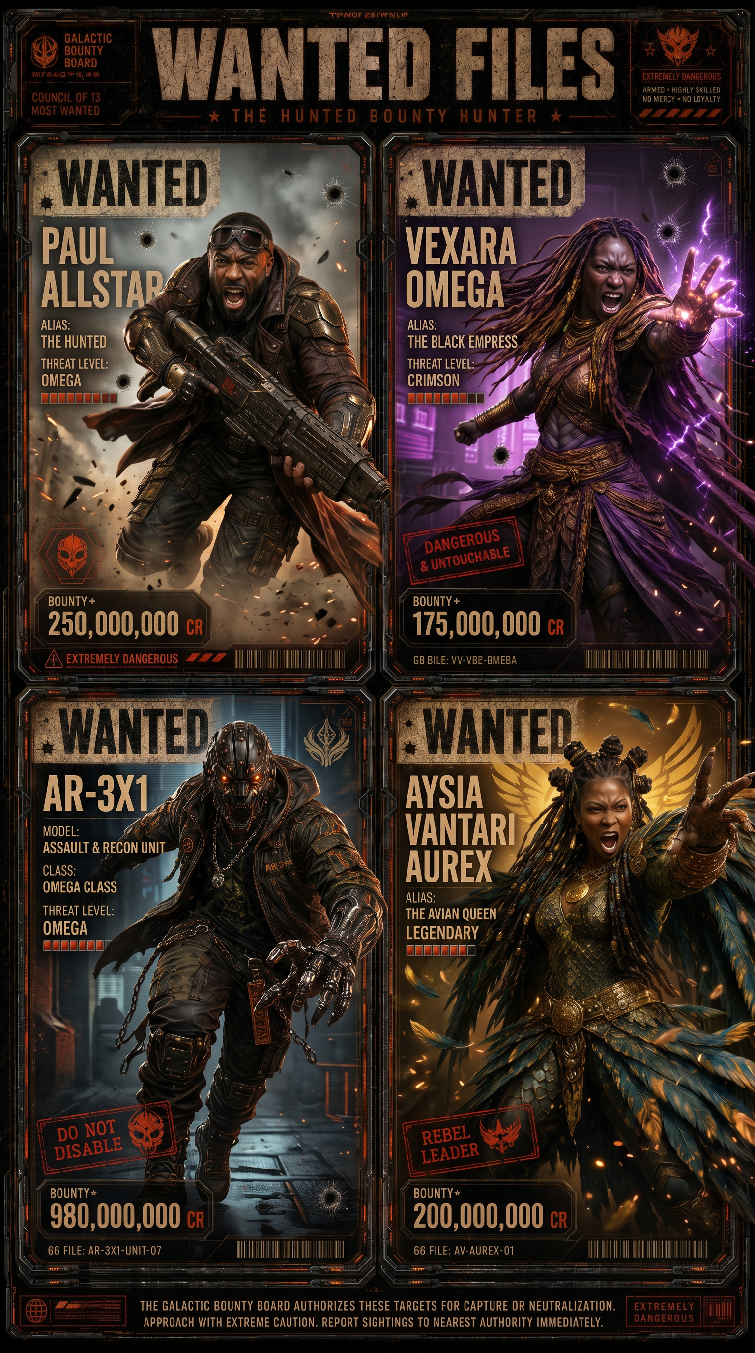 Wanted files bounty registry for Paul Allstar, Vexara Omega, AR-3X1, and Aysia Vantari Aurex